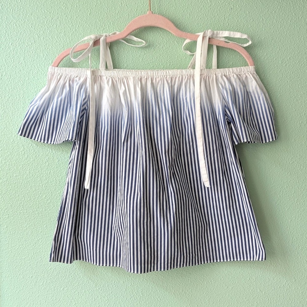 Milly Blue White Striped Ombre Off Shoulder Tie Strap Top Petite P Made in USA